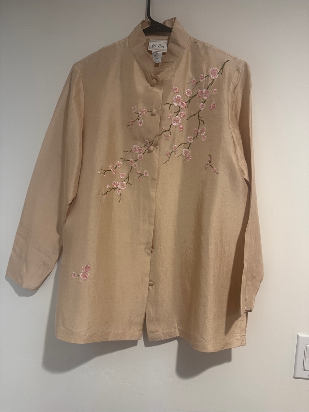 Beige Embroidered Mandarin Button-Down Top silk - Picture 3 of 6